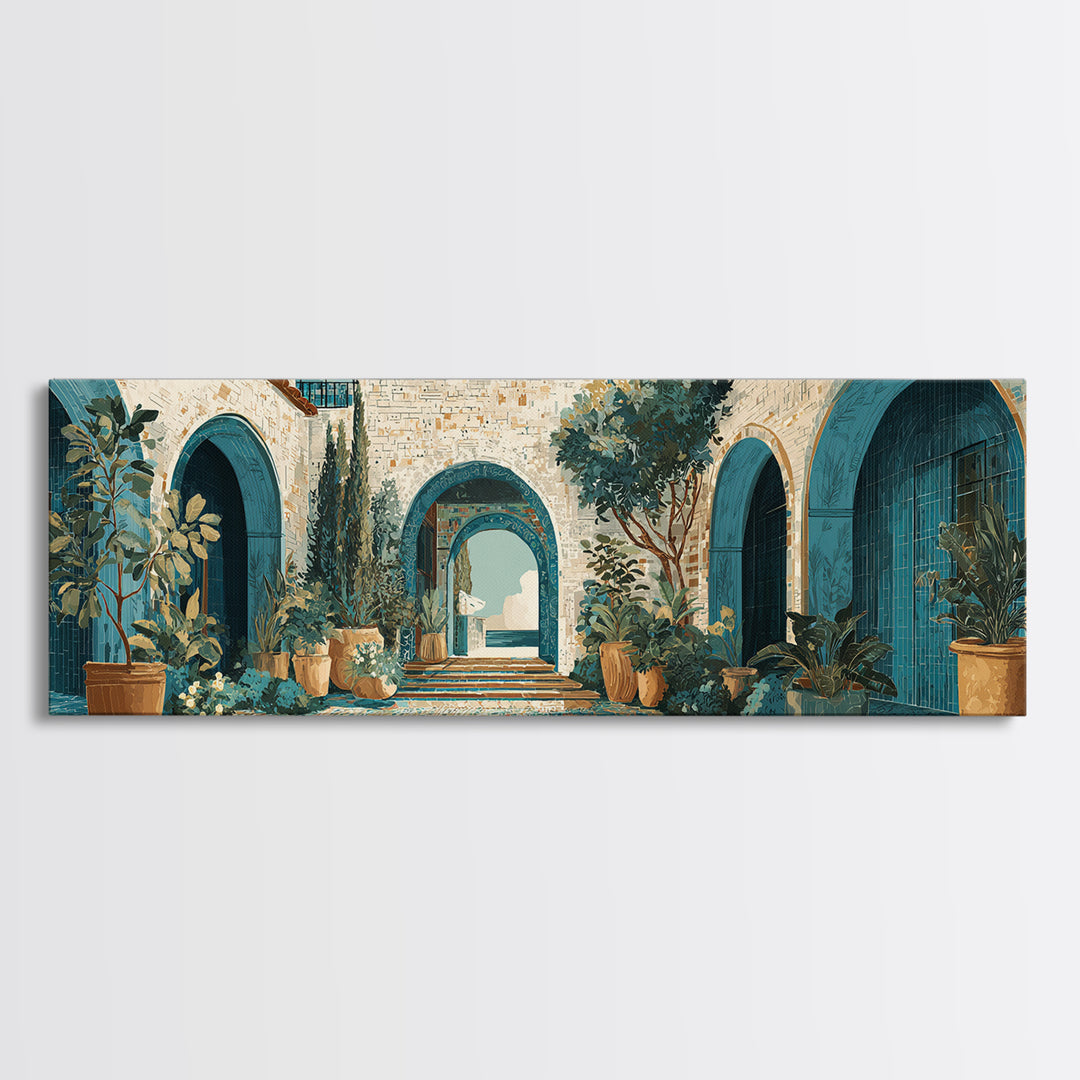 Mediterranean Arch Framing Ocean Horizon Framed Canvas Print, Mediterranean Art, Digital Wall Art, Living Room Decor, Azure, MAR-3x1-67