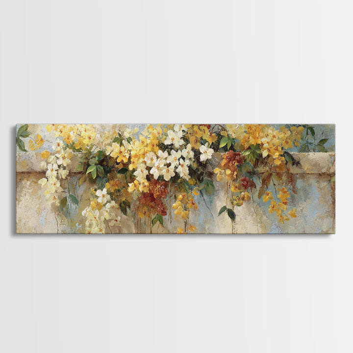 Bougainvillea Cascading over Stone Wall Framed Canvas Print, Mediterranean Art, Digital Art Prints, Living Room Decor, Azure, MAR-3x1-69