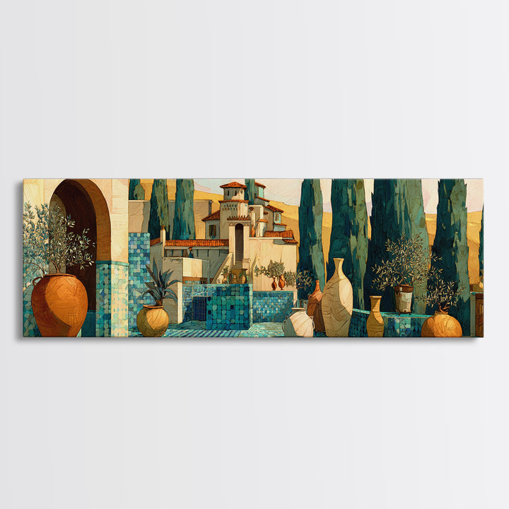 Tuscan Cypress Trees and Golden Hillside Canvas Print, Mediterranean Art, Modern Decor, Living Room Decor, Oil Painting, Azure, MAR-3x1-70