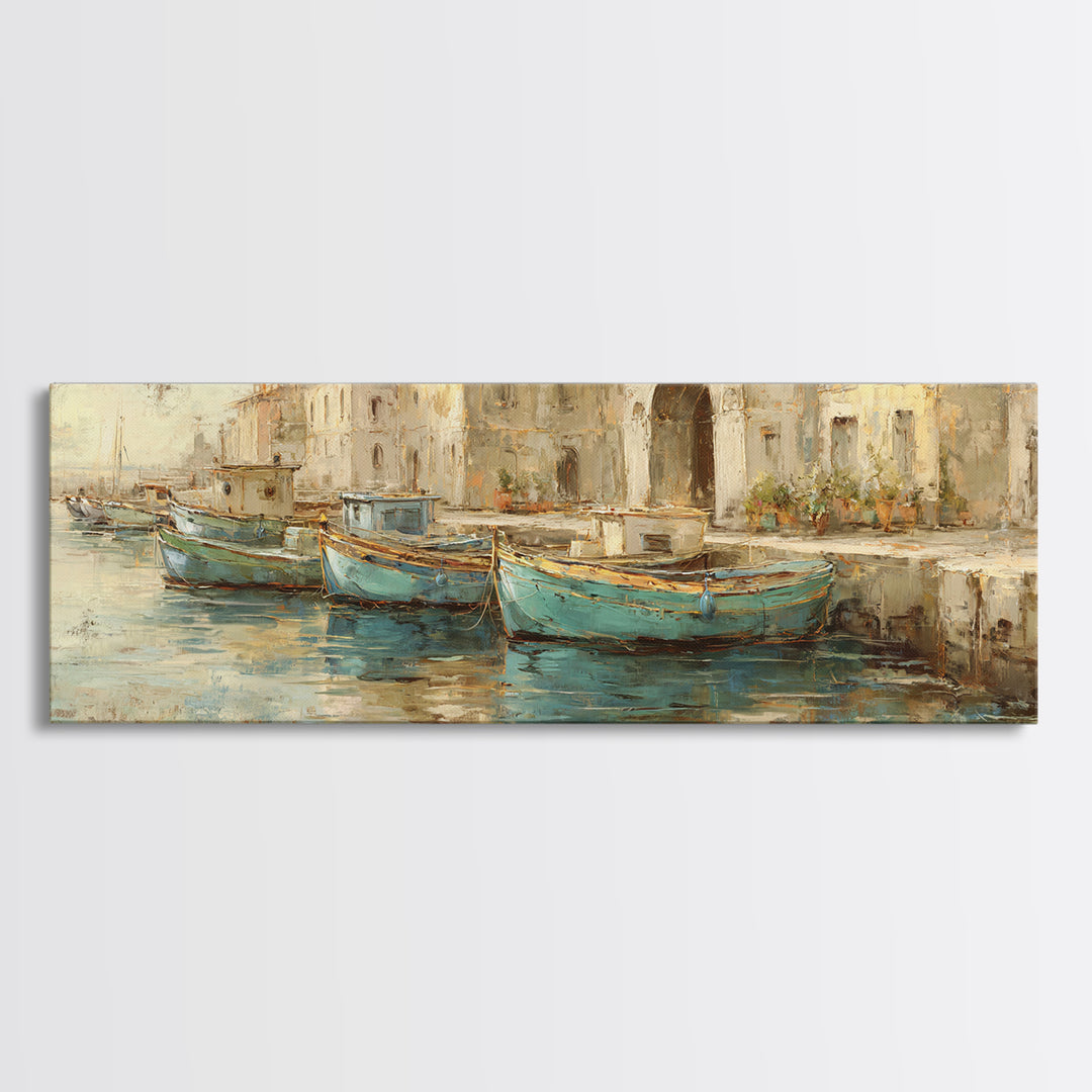 Coastal Fishing Boats Canvas Print, Mediterranean Art, Large Wall Art, Living Room Decor, Fine Art, Azure, Digital Art Prints, MAR-3x1-71