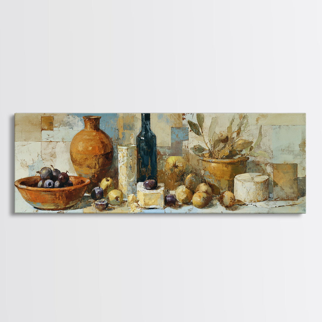 Figs Olives and Cheese Still Life Framed Canvas Print, Mediterranean Art, Minimalist Decor, Living Room Decor, Fine Art, Azure, MAR-3x1-72