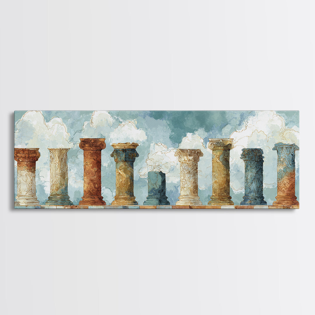 Ancient Column with Sea and Sky Beyond Canvas Print, Mediterranean Art, Contemporary Art, Living Room Decor, Fine Art, Azure, MAR-3x1-76