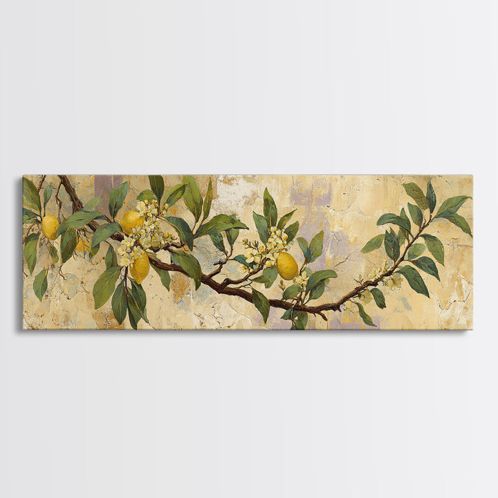 Sicilian Lemon Branch on Ivory Background Canvas Print, Mediterranean Art, Modern Wall Art, Living Room Decor, Azure, MAR-3x1-77