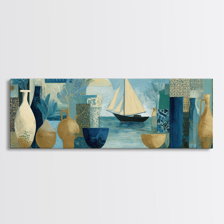 Mediterranean Sailboat on Glassy Water Framed Canvas Print, Mediterranean Art, Printable Art, Living Room Decor, Azure, MAR-3x1-82