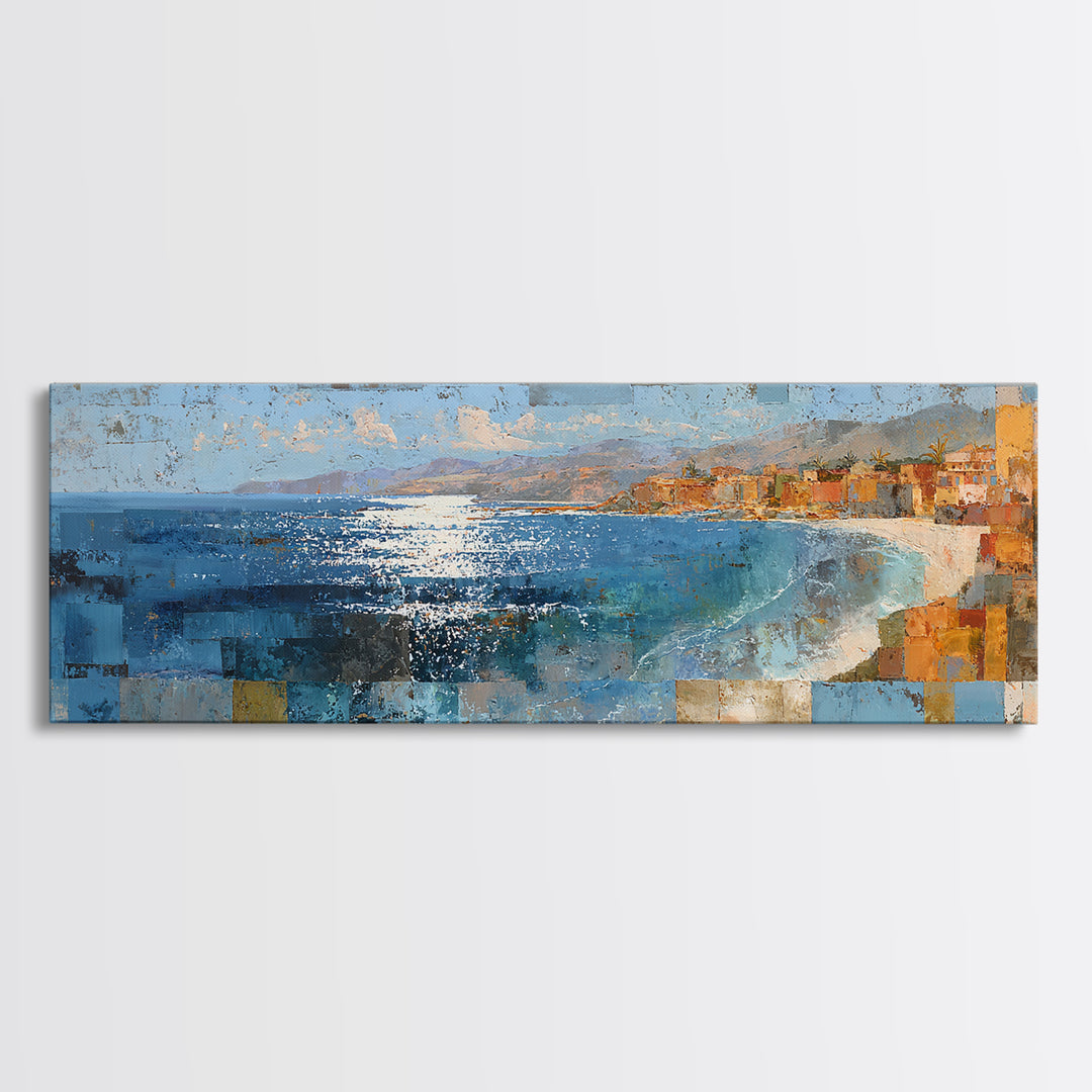 Coastal Cliffs with Sparkling Blue Water Framed Canvas Print, Mediterranean Art, Printable Wall Art, Living Room Decor, Azure, MAR-3x1-84