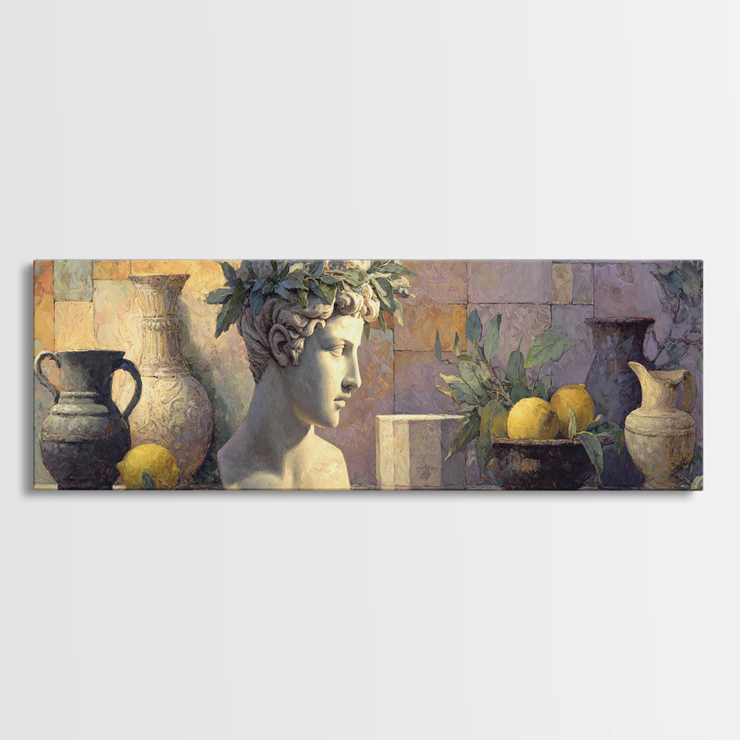 Roman Statue Bust Canvas Print, Mediterranean Art, Digital Wall Art, Living Room Decor, Watercolor Art, Azure, Coastal Wall Art, MAR-3x1-86