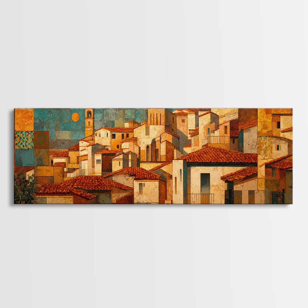 Sunset over Red Tiled Rooftops Framed Canvas Print, Mediterranean Art, Oil Painting, Living Room Decor, Fine Art, Azure, MAR-3x1-87