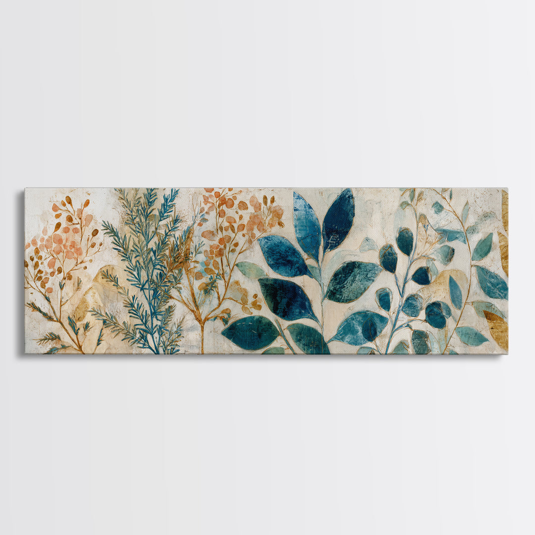Wild Herbs Rosemary and Thyme Botanical Study Canvas Print, Mediterranean Art, Textured Painting, Living Room Decor, Azure, MAR-3x1-88