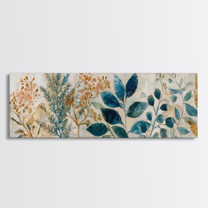 Wild Herbs Rosemary and Thyme Botanical Study Canvas Print, Mediterranean Art, Textured Painting, Living Room Decor, Azure, MAR-3x1-88