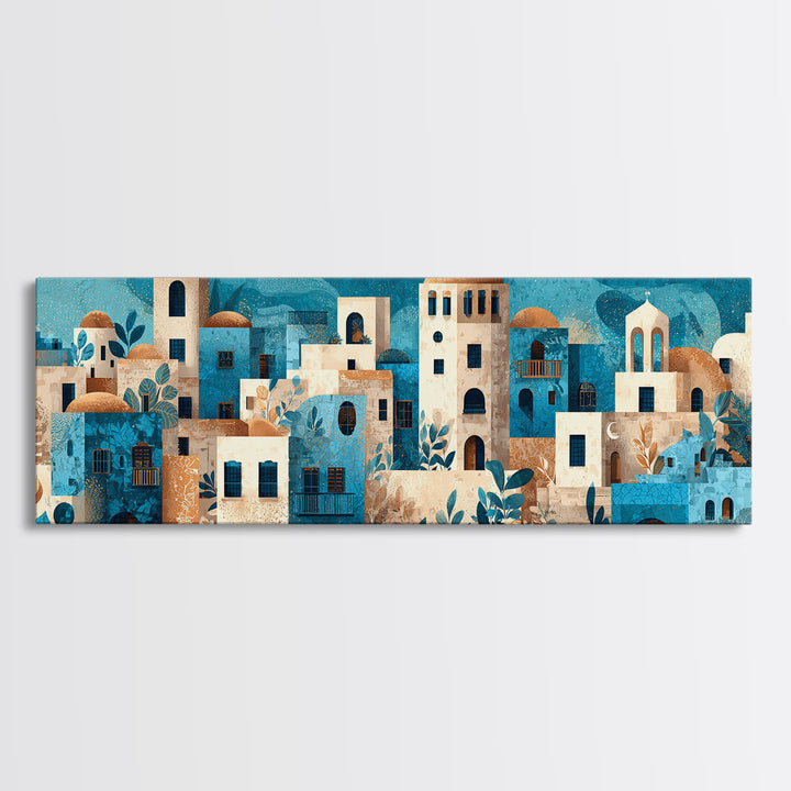 Greek Island White Buildings Above Blue Sea Canvas Print, Mediterranean Art, Landscape Painting, Living Room Decor, Azure, MAR-3x1-89