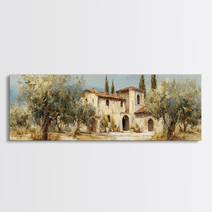 Olive Grove under Pale Morning Light Framed Canvas Print, Mediterranean Art, Oil Painting, Living Room Decor, Fine Art, Azure, MAR-3x1-9