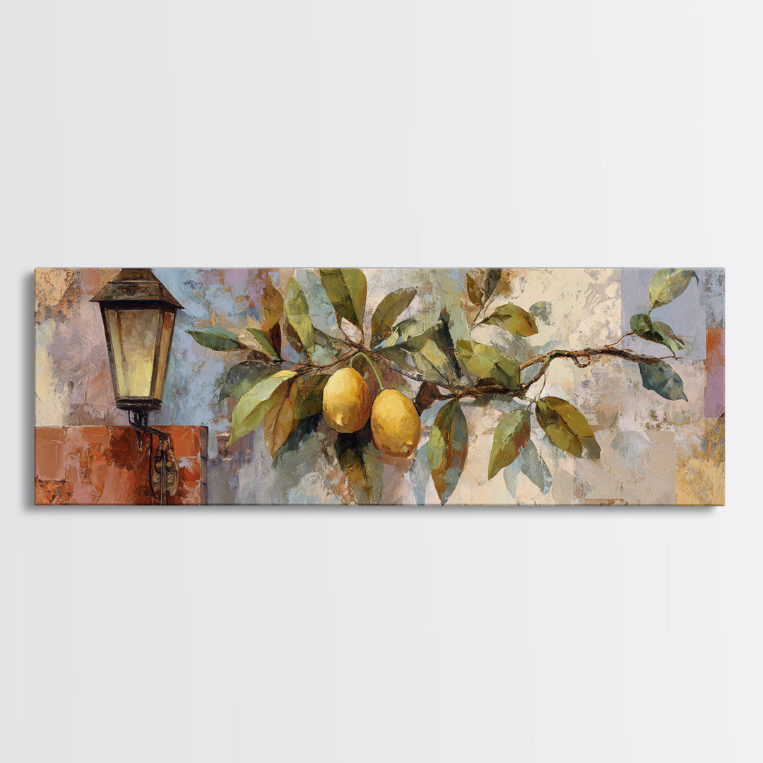 Olive Branch and Lemons on Terracotta Ground Framed Canvas Print, Mediterranean Art, Nautical Decor, Living Room Decor, Azure, MAR-3x1-90