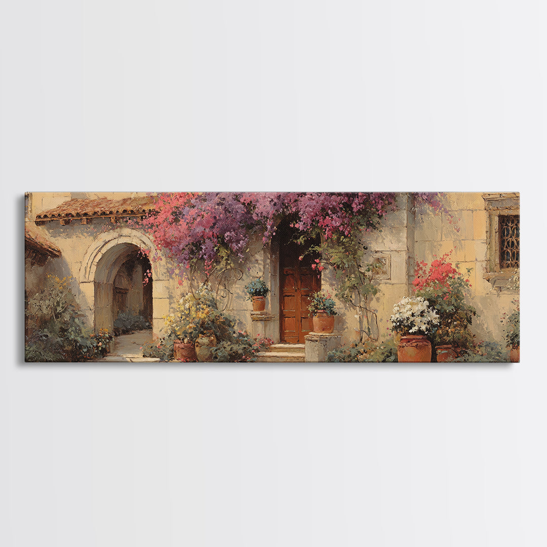 Bougainvillea Cascading over Stone Wall Canvas Print, Mediterranean Art, Coastal Art, Living Room Decor, Fine Art, Azure, MAR-3x1-93