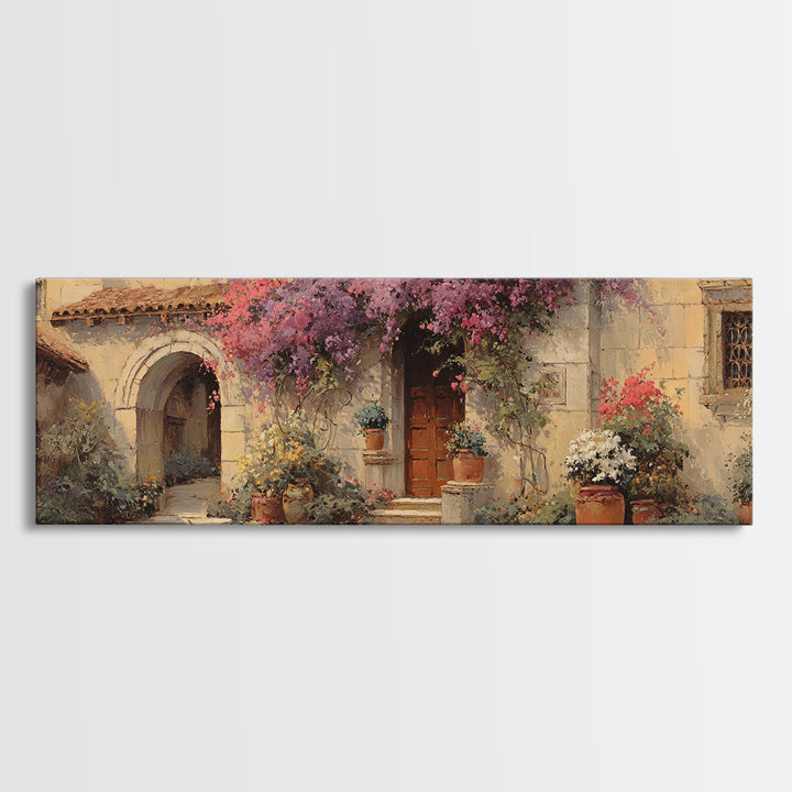 Bougainvillea Cascading over Stone Wall Canvas Print, Mediterranean Art, Coastal Art, Living Room Decor, Fine Art, Azure, MAR-3x1-93