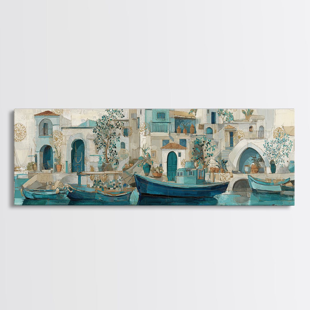Coastal Fishing Boats Canvas Print, Mediterranean Art, Gallery Decor, Living Room Decor, Oil Painting, Azure, Minimalist Decor, MAR-3x1-95
