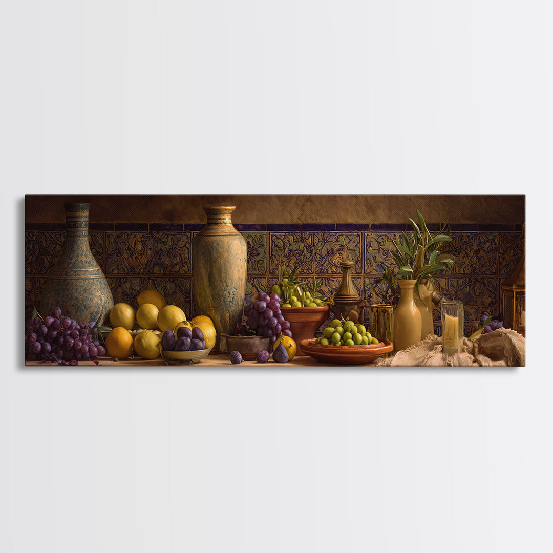 Figs Olives and Cheese Still Life Canvas Print, Mediterranean Art, Gallery Wall Art, Living Room Decor, Fine Art, Azure, MAR-3x1-96
