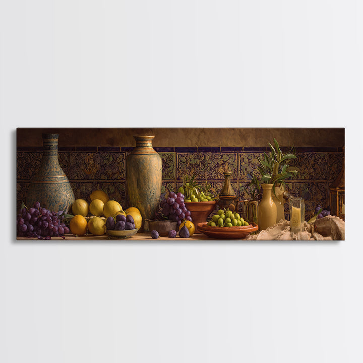 Figs Olives and Cheese Still Life Canvas Print, Mediterranean Art, Gallery Wall Art, Living Room Decor, Fine Art, Azure, MAR-3x1-96