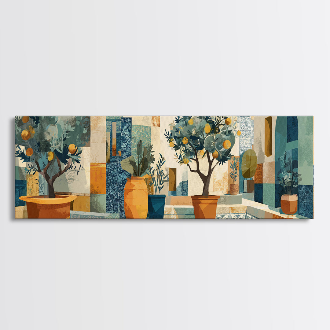 Citrus Tree in Clay Pot Canvas Print, Mediterranean Art, Digital Art Prints, Living Room Decor, Fine Art, Azure, Travel Poster, MAR-3x1-98