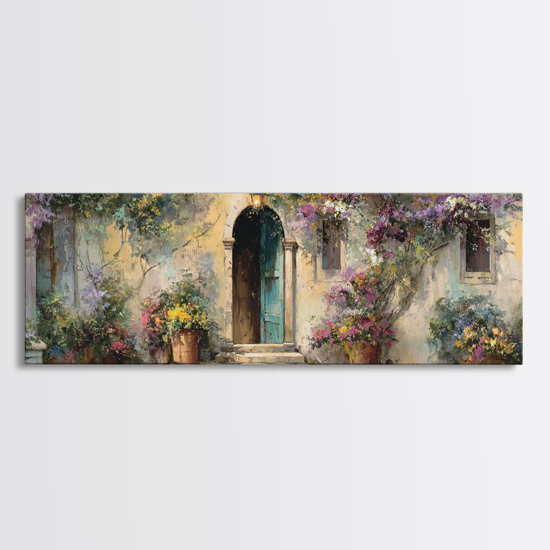 Sunlit Courtyard Doorway Framed Canvas Print, Mediterranean Art, Wall Decor, Living Room Decor, Oil Painting, Azure, MAR-3x1-99