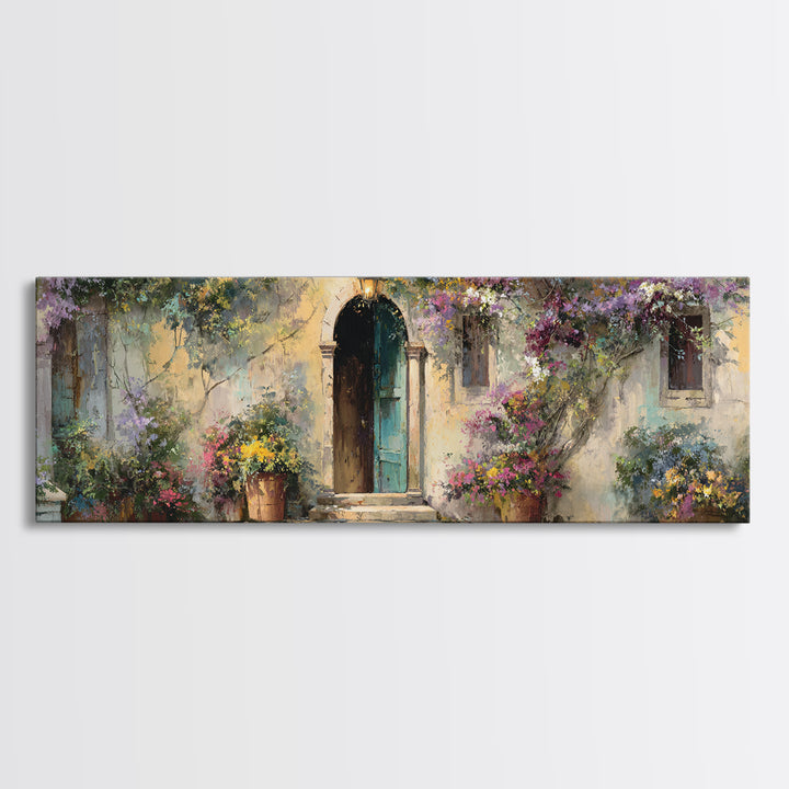 Sunlit Courtyard Doorway Framed Canvas Print, Mediterranean Art, Wall Decor, Living Room Decor, Oil Painting, Azure, MAR-3x1-99