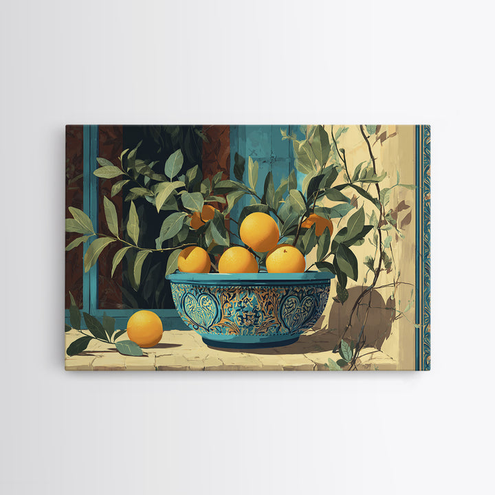 Ceramic Bowl of Oranges and Leaves Canvas Print, Mediterranean Art, Large Wall Art, Living Room Decor, Fine Art, Azure, MAR-3x2-1