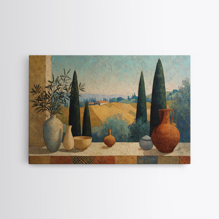 Tuscan Cypress Trees and Golden Hillside Framed Canvas Print, Mediterranean Art, Framed Wall Art, Living Room Decor, Azure, MAR-3x2-10