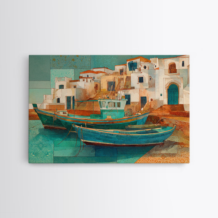 Coastal Fishing Boats Canvas Print, Mediterranean Art, Farmhouse Decor, Living Room Decor, Fine Art, Azure, Landscape Painting, MAR-3x2-11