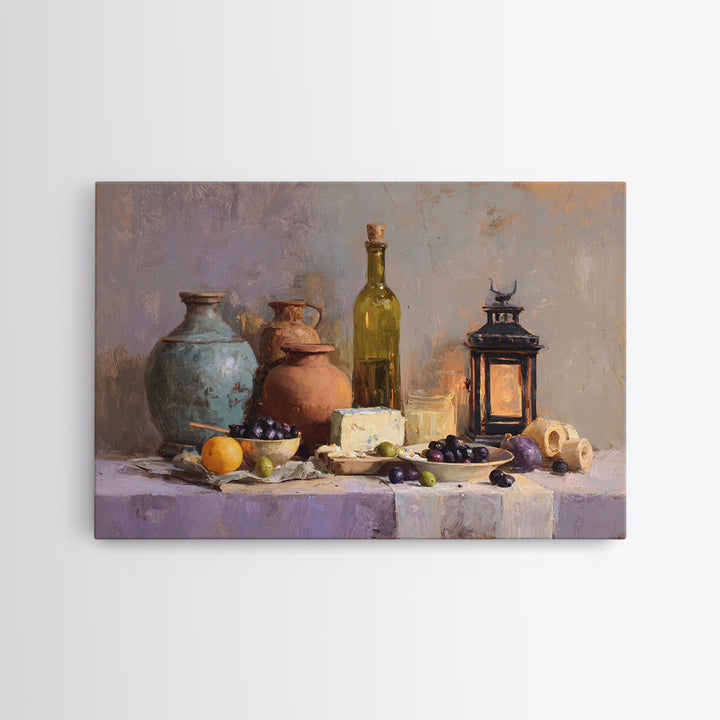 Figs Olives and Cheese Still Life Canvas Print, Mediterranean Art, Oil Painting, Living Room Decor, Azure, Nautical Decor, MAR-3x2-12