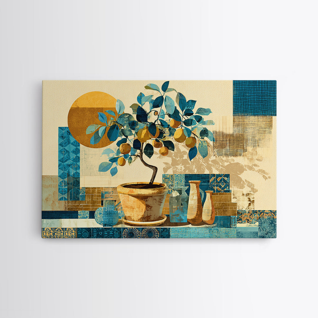 Citrus Tree in Clay Pot Framed Canvas Print, Mediterranean Art, Printable Wall Art, Living Room Decor, Fine Art, Azure, MAR-3x2-14