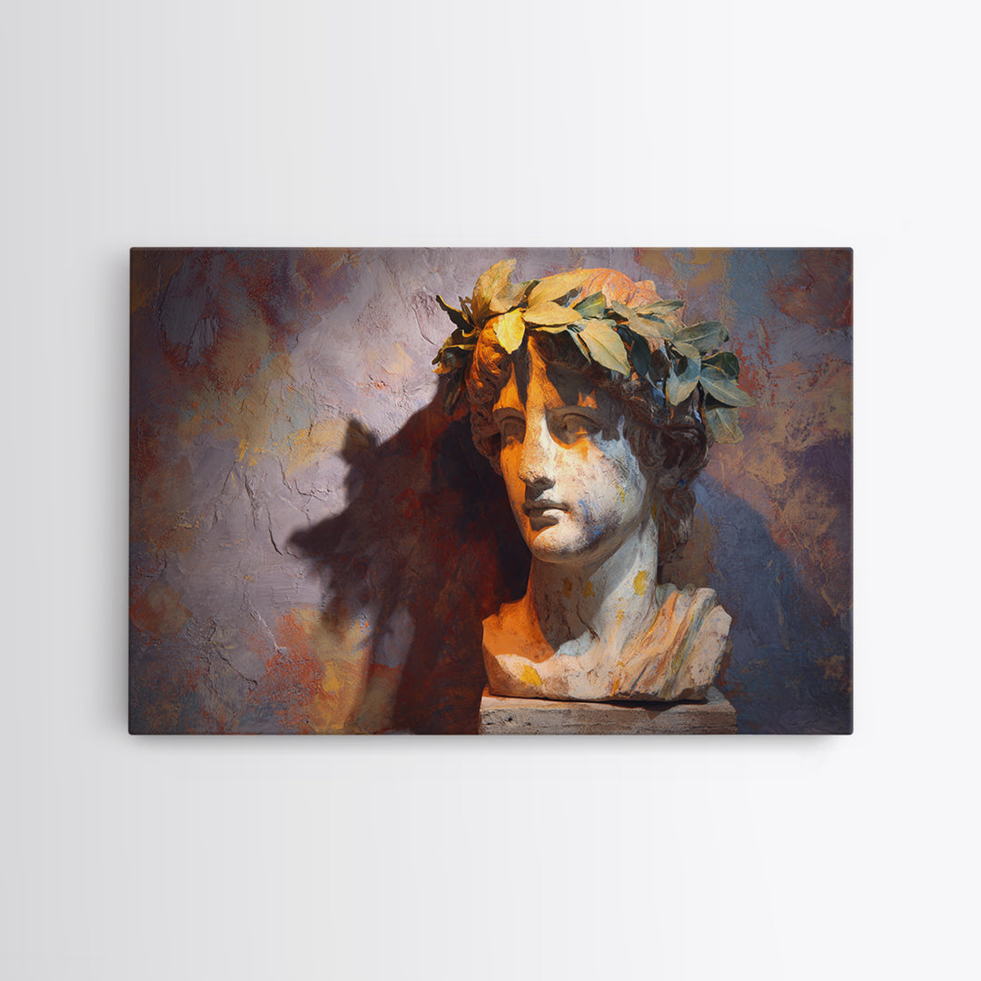 Roman Statue Bust Framed Canvas Print, Mediterranean Art, Minimalist Decor, Living Room Decor, Azure, Horizontal Wall Art, MAR-3x2-2