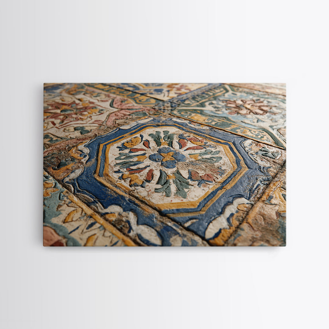 Spanish Tile Ornament Framed Canvas Print, Mediterranean Art, Large Wall Art, Living Room Decor, Azure, Digital Art Prints, MAR-3x2-20