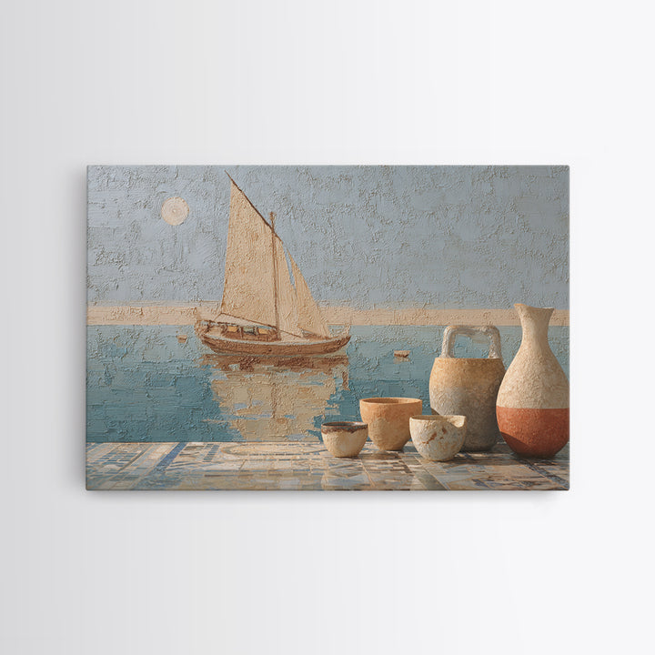 Mediterranean Sailboat on Glassy Water Canvas Print, Mediterranean Art, Oil Painting, Living Room Decor, Azure, Nautical Decor, MAR-3x2-22