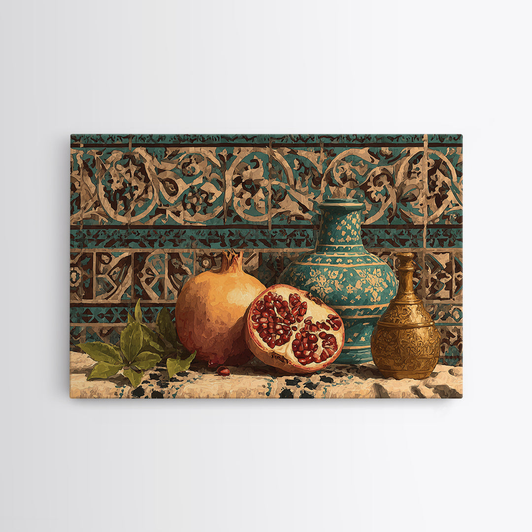 Pomegranate Still Life Framed Canvas Print, Mediterranean Art, Framed Wall Art, Living Room Decor, Azure, Watercolor Art, MAR-3x2-23
