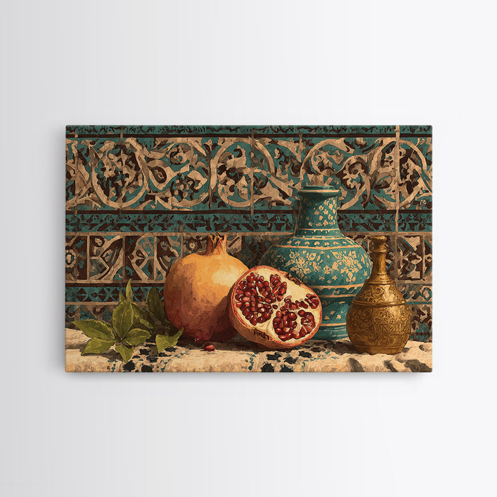Pomegranate Still Life Framed Canvas Print, Mediterranean Art, Framed Wall Art, Living Room Decor, Azure, Watercolor Art, MAR-3x2-23