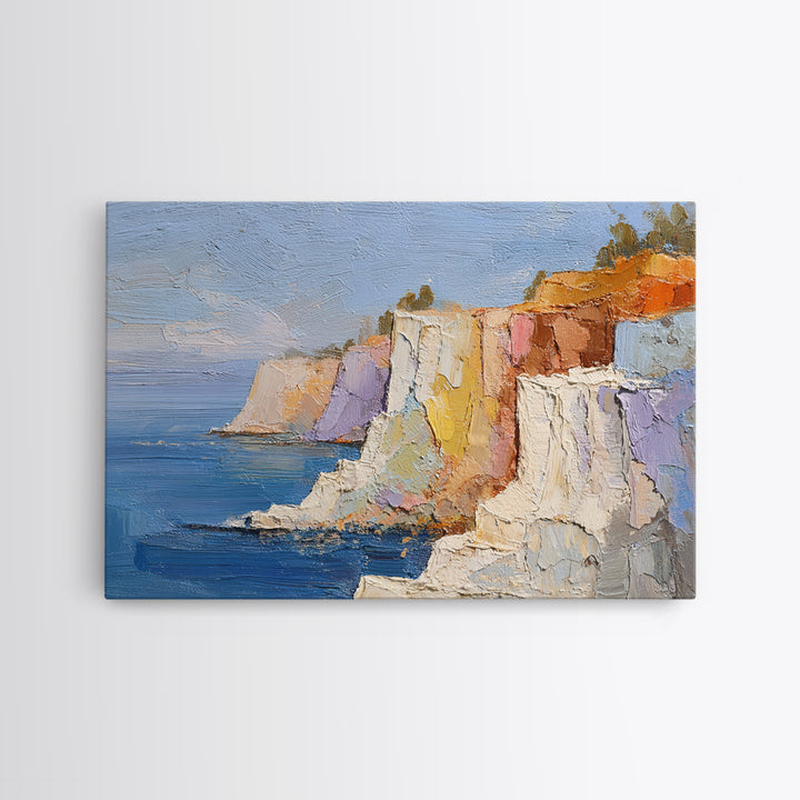Coastal Cliffs with Sparkling Blue Water Framed Canvas Print, Mediterranean Art, Framed Wall Art, Living Room Decor, Azure, MAR-3x2-24