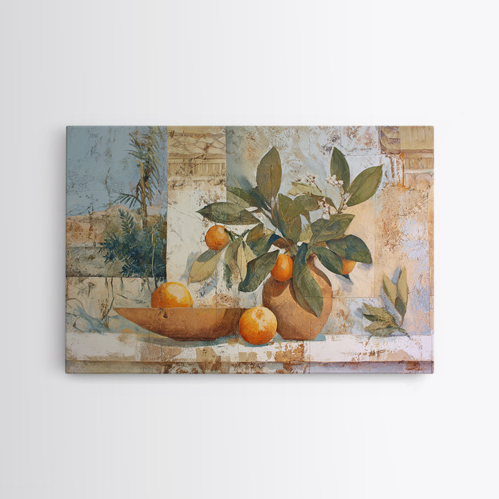 Ceramic Bowl of Oranges and Leaves Framed Canvas Print, Mediterranean Art, Horizontal Wall Art, Living Room Decor, Abstract Art, MAR-3x2-25