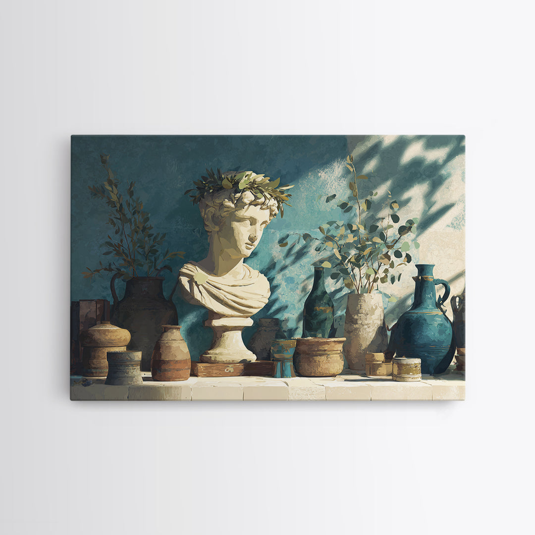 Roman Statue Bust Canvas Print, Mediterranean Art, Digital Wall Art, Living Room Decor, Watercolor Art, Azure, Coastal Wall Art, MAR-3x2-26