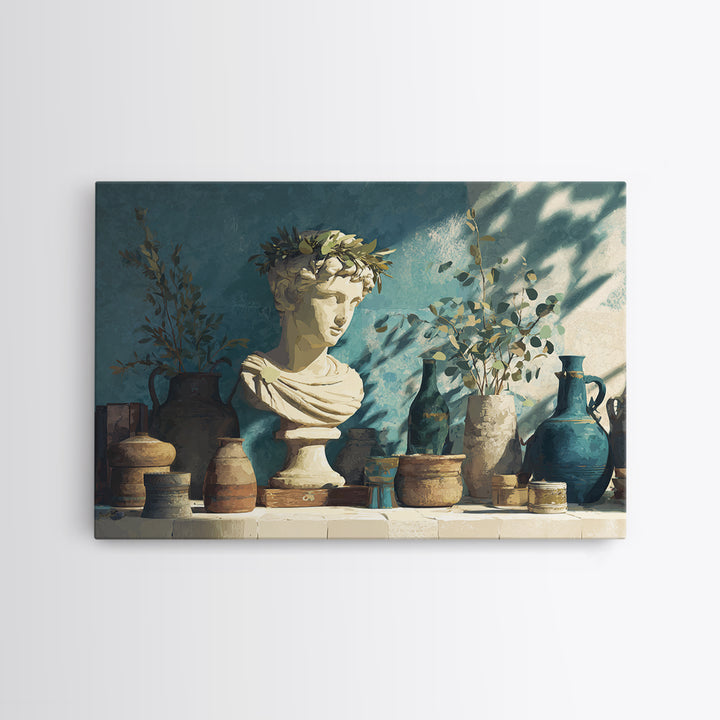 Roman Statue Bust Canvas Print, Mediterranean Art, Digital Wall Art, Living Room Decor, Watercolor Art, Azure, Coastal Wall Art, MAR-3x2-26