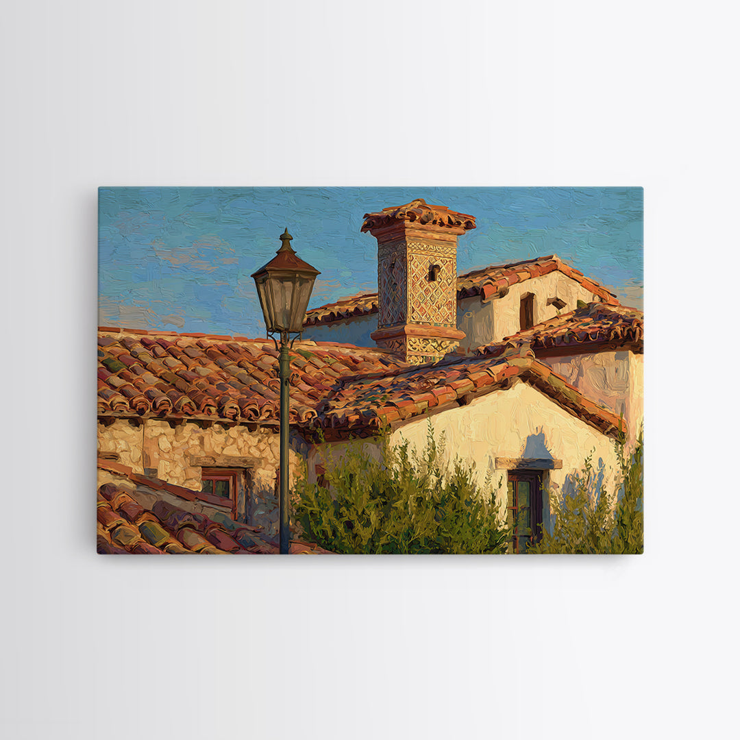 Sunset over Red Tiled Rooftops Framed Canvas Print, Mediterranean Art, Printable Art, Living Room Decor, Fine Art, Azure, MAR-3x2-27