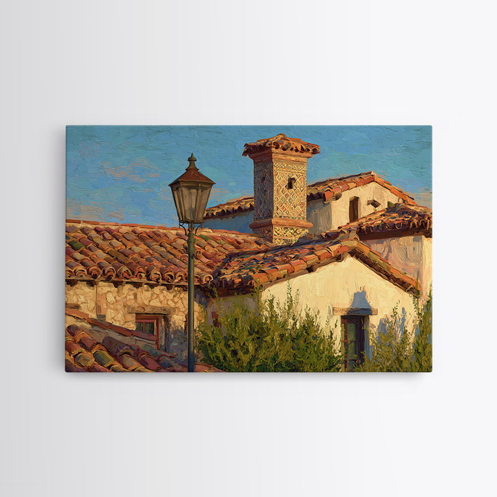 Sunset over Red Tiled Rooftops Framed Canvas Print, Mediterranean Art, Printable Art, Living Room Decor, Fine Art, Azure, MAR-3x2-27