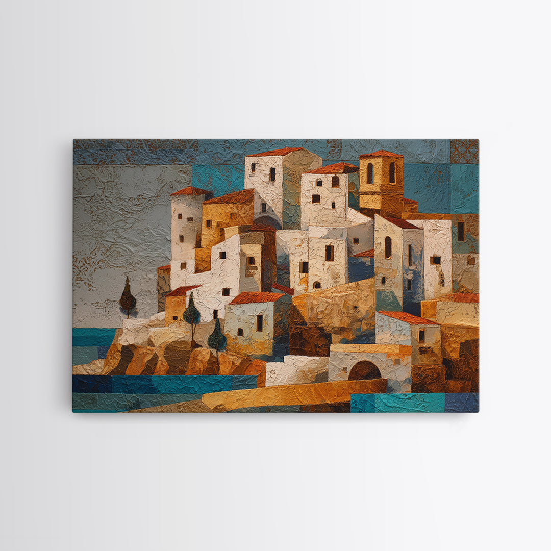 Greek Island White Buildings Above Blue Sea Canvas Print, Mediterranean Art, Digital Art Prints, Living Room Decor, Azure, MAR-3x2-29