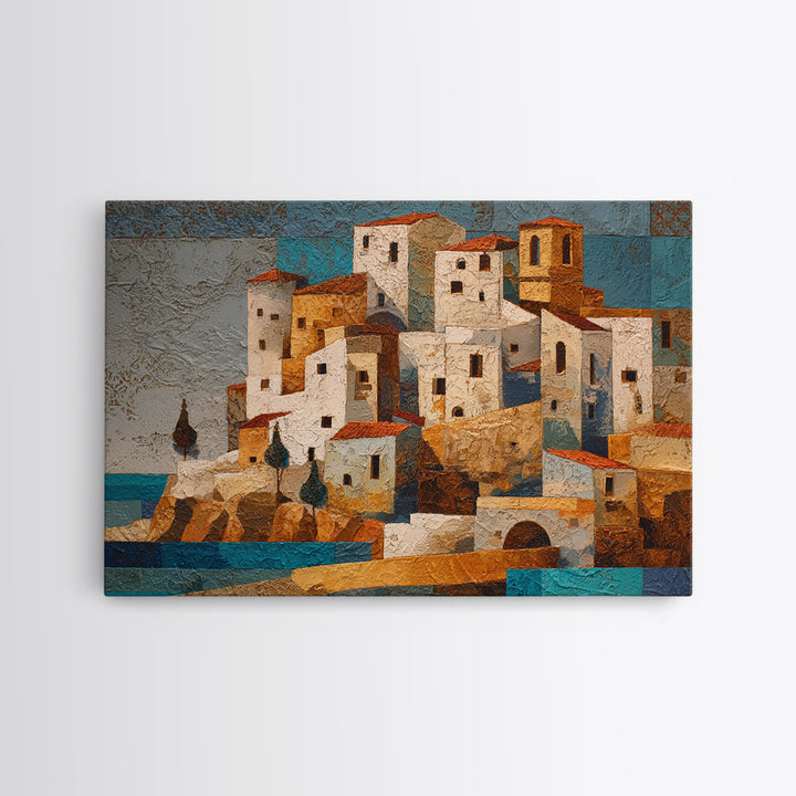 Greek Island White Buildings Above Blue Sea Canvas Print, Mediterranean Art, Digital Art Prints, Living Room Decor, Azure, MAR-3x2-29