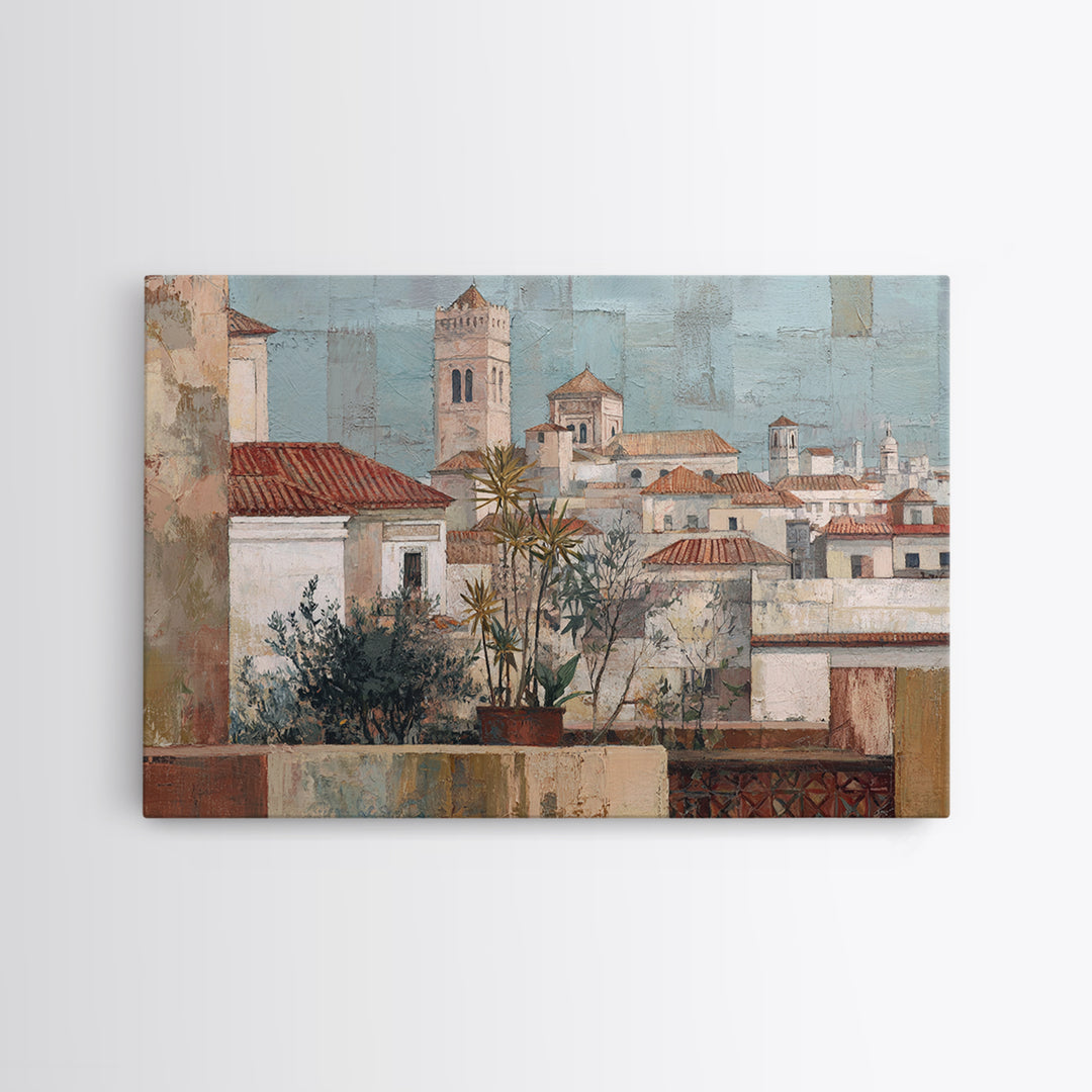 Sunset over Red Tiled Rooftops Canvas Print, Mediterranean Art, Original Painting, Living Room Decor, Fine Art, Azure, MAR-3x2-3