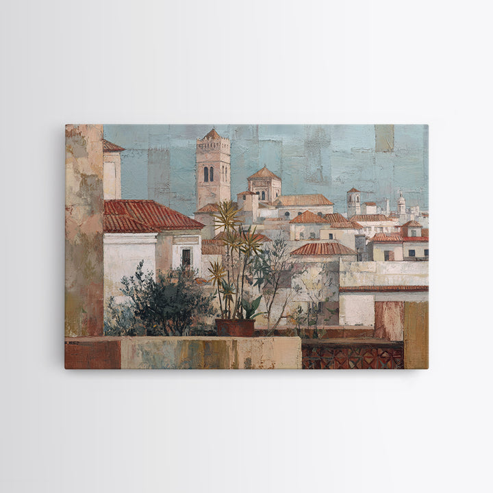 Sunset over Red Tiled Rooftops Canvas Print, Mediterranean Art, Original Painting, Living Room Decor, Fine Art, Azure, MAR-3x2-3