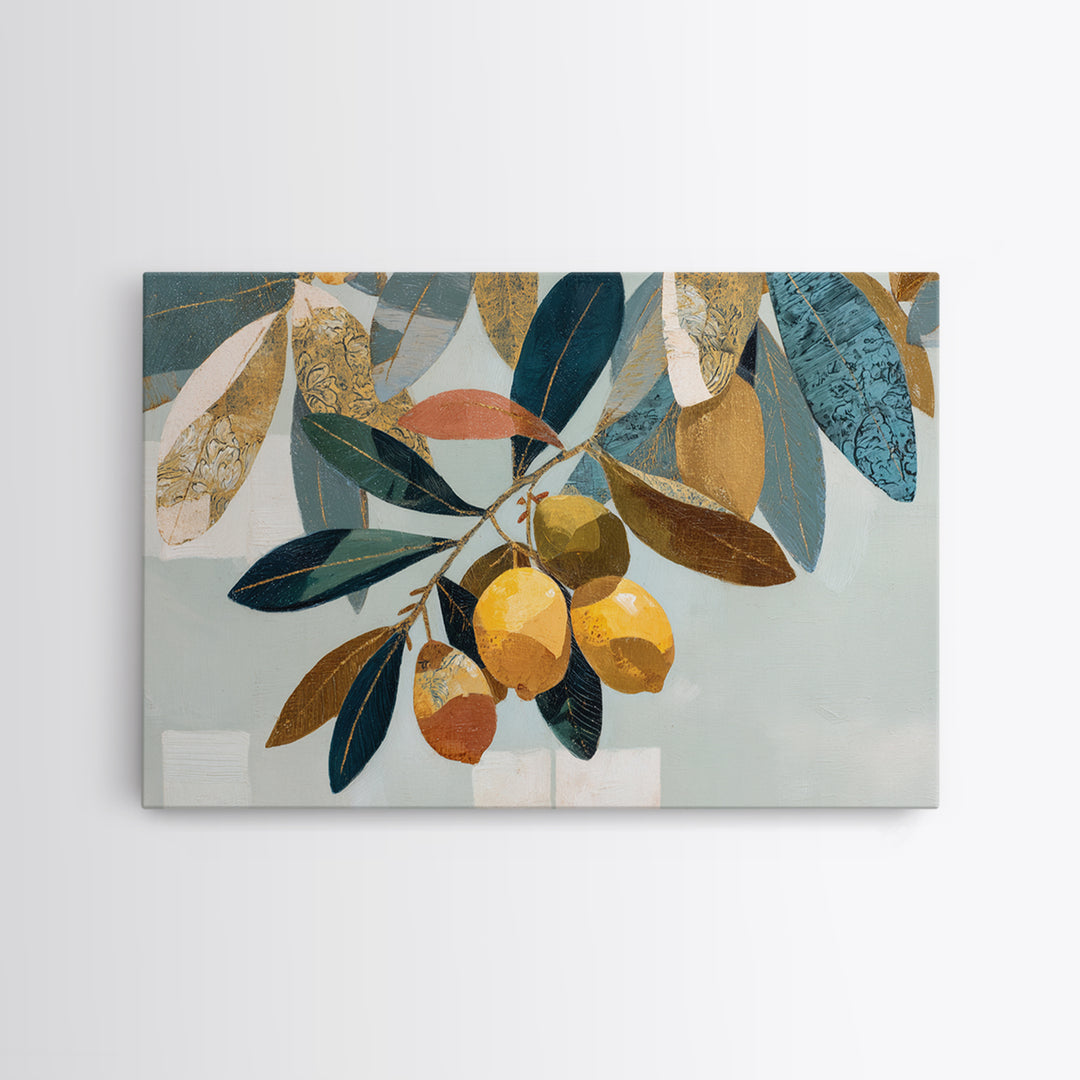 Olive Branch and Lemons on Terracotta Ground Canvas Print, Mediterranean Art, Horizontal Wall Art, Living Room Decor, Azure, MAR-3x2-30
