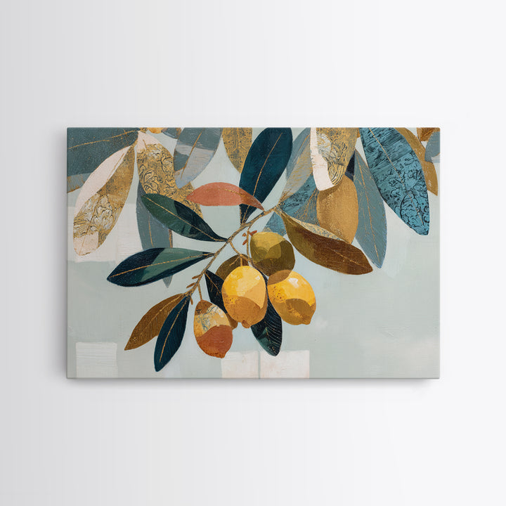 Olive Branch and Lemons on Terracotta Ground Canvas Print, Mediterranean Art, Horizontal Wall Art, Living Room Decor, Azure, MAR-3x2-30
