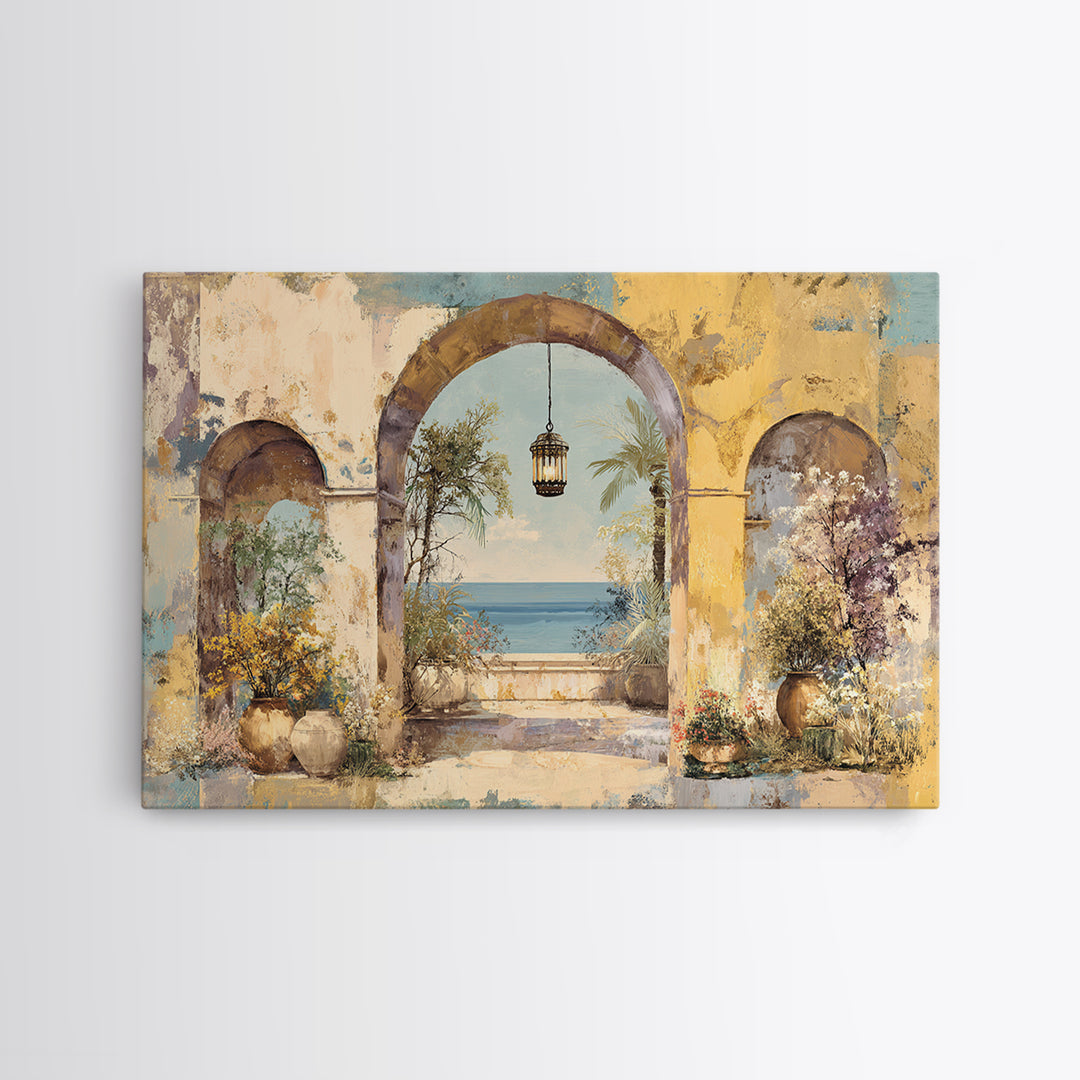 Mediterranean Arch Framing Ocean Horizon Canvas Print, Mediterranean Art, Modern Wall Art, Living Room Decor, Azure, MAR-3x2-31