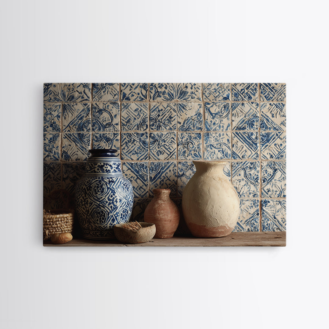 Blue and White Tile Pattern Canvas Print, Mediterranean Art, Printable Art, Living Room Decor, Azure, Minimalist Wall Art, MAR-3x2-32