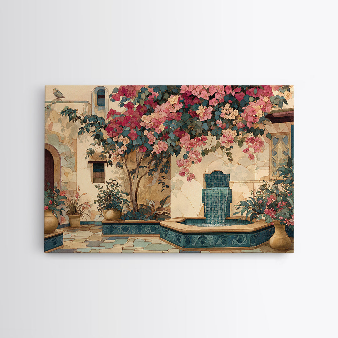 Bougainvillea Cascading over Stone Wall Canvas Print, Mediterranean Art, Watercolor Painting, Living Room Decor, Azure, MAR-3x2-33