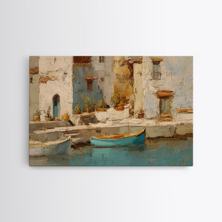 Coastal Fishing Boats Framed Canvas Print, Mediterranean Art, Nautical Decor, Living Room Decor, Azure, Coastal Wall Decor, MAR-3x2-35